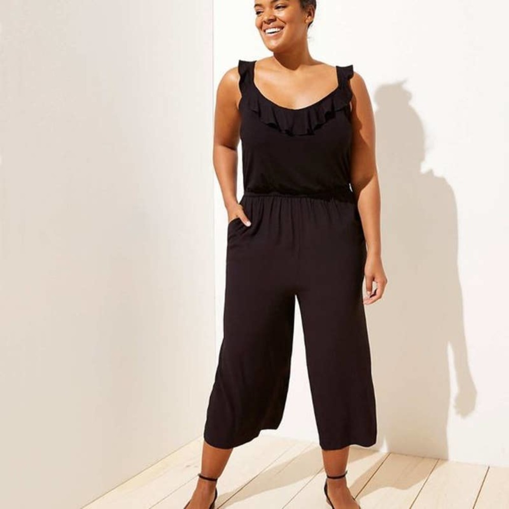 [LOFT Plus] Black Ruffle Neck Wide Leg Cropped Jumpsuit NWT Casual Stretch Sz 16